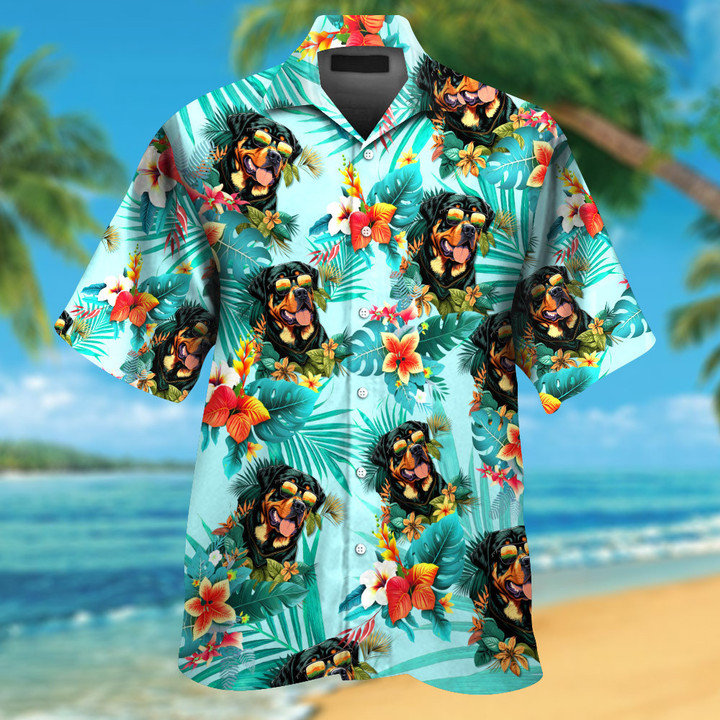 Rottweiler Dog Wearing Sunglass Funny Colorful Hawaiian Shirt
