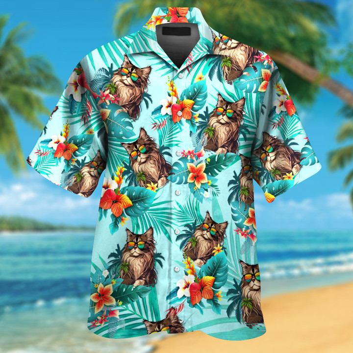 Maine Coon Cat Wearing Glasses Funny Colorful Hawaiian Shirt