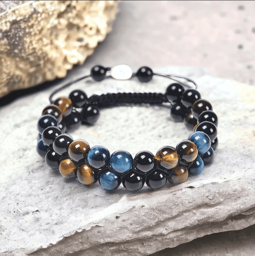 Lithotherapy bracelet obsidian tiger's eye and blue hawk's eye in macramé Protection serenity Balance Strength in 8 mm bead