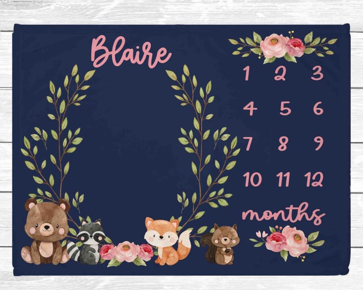 Personalized Stuffed Animals Baby Milestone Blanket, Floral Baby Monthly Fleece Blanket, Baby Shower Gift Track Growth Keepsake