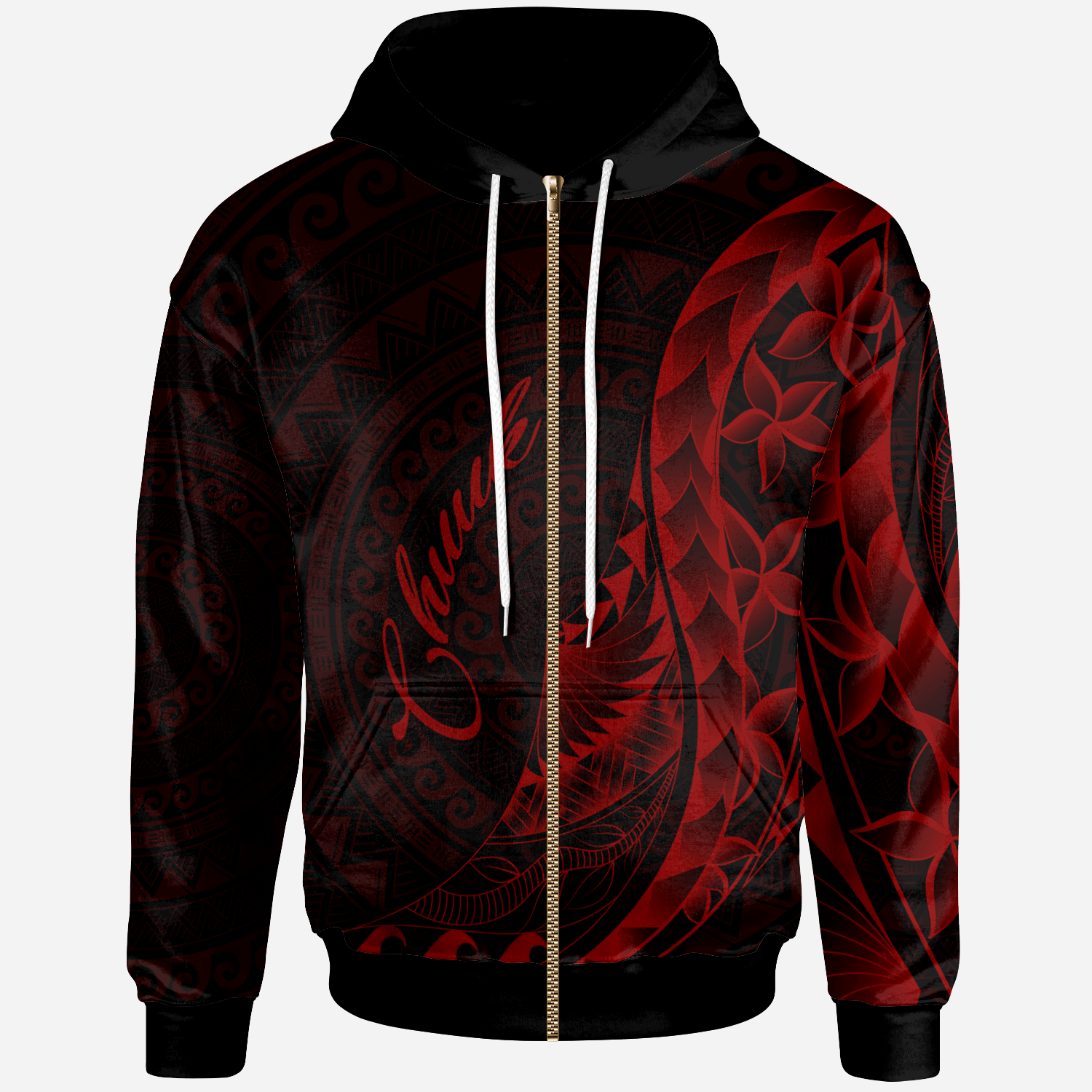 Chuuk Islands Zip Hoodie Polynesian Pattern Style Red Color
