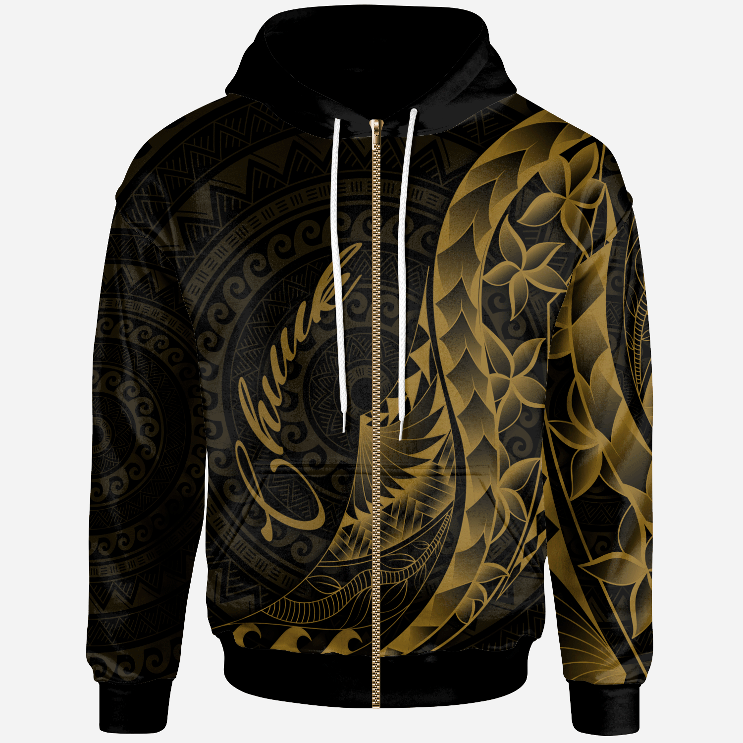 Chuuk Islands Zip Hoodie Polynesian Pattern Style Gold Color