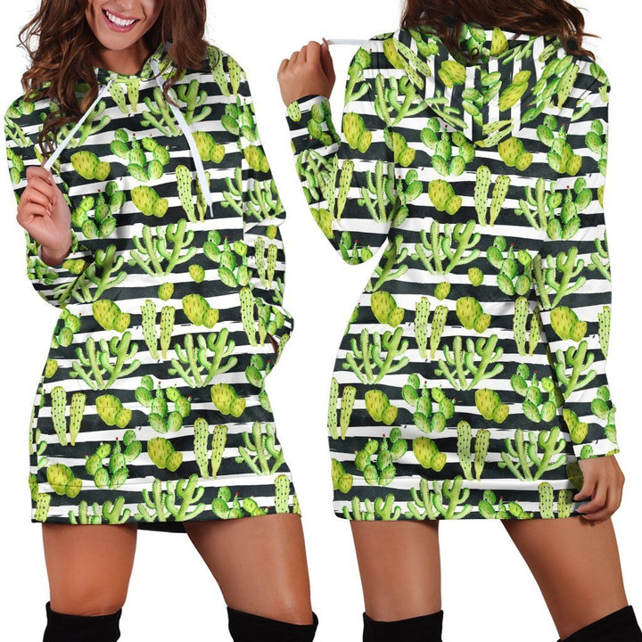 All Over Printing Cacti And horizontal stripes Hoodie Dress - TrendZoneTee
