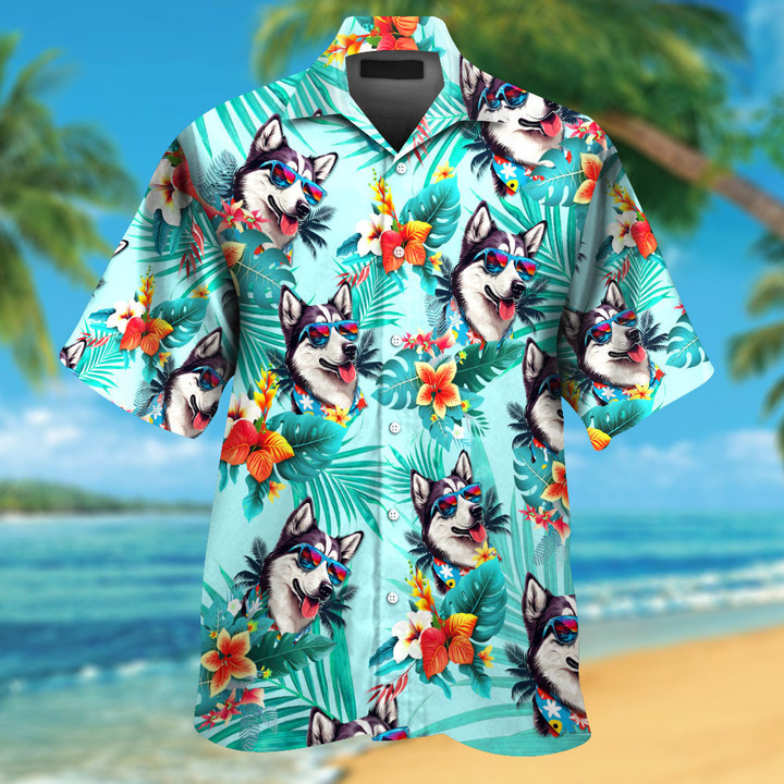 Siberian Husky Wearing Sunglass Funny Colorful Hawaiian Shirt