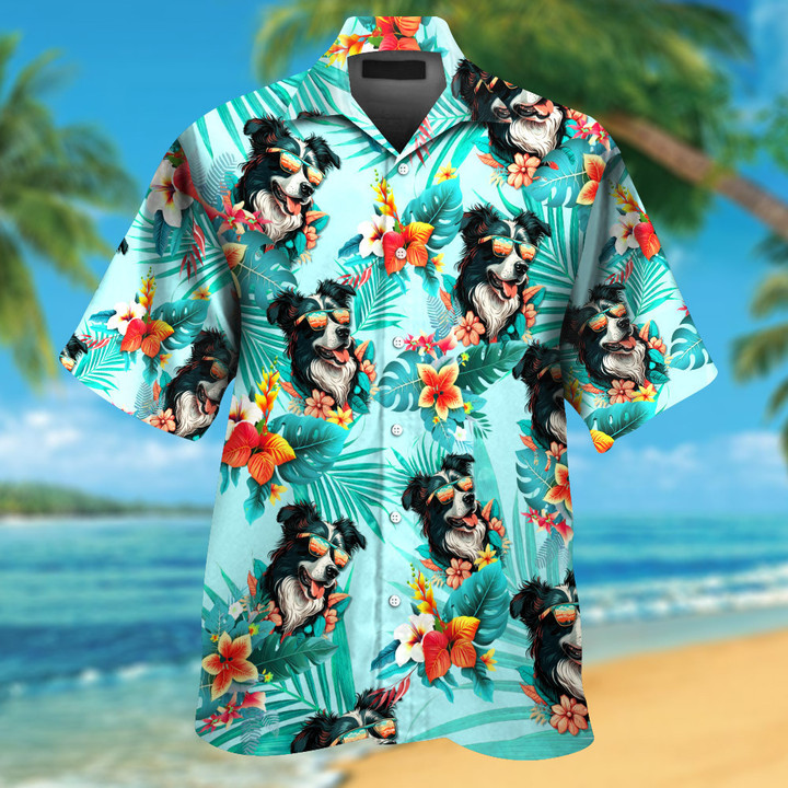 Border Collie Dog Wearing Sunglass Funny Colorful Hawaiian Shirt