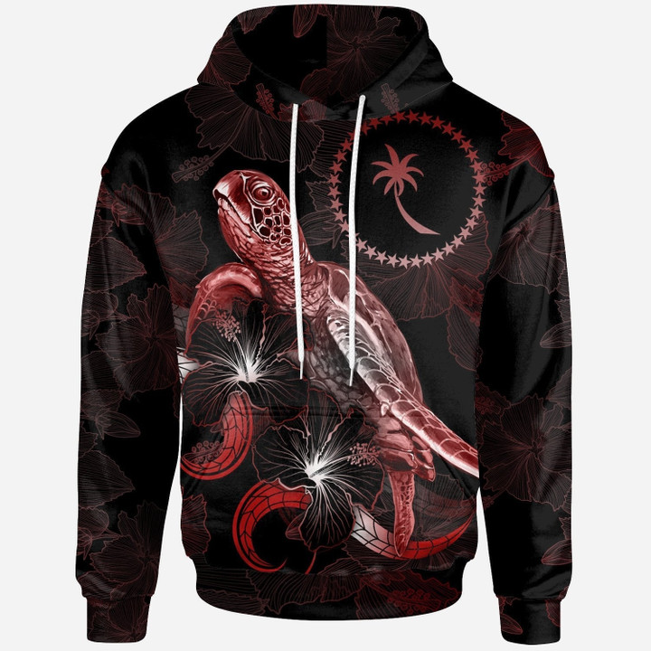Chuuk Polynesian Hoodie Turtle With Blooming Hibiscus Red