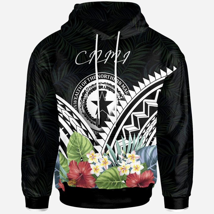 CNMI Hoodie CNMI Coat of Arms & Polynesian Tropical Flowers White