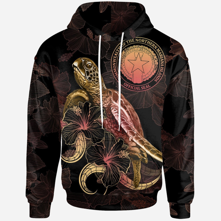 CNMI Polynesian Hoodie Turtle With Blooming Hibiscus Gold