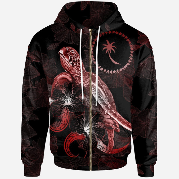 Chuuk Polynesian Zip Up Hoodie Turtle With Blooming Hibiscus Red