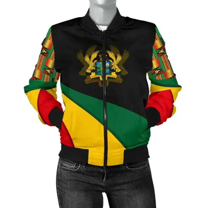 Hoodifize Women's Bomber Jacket - Ghana Flag Kente Women's Bomber Jacket - Bend Style - J6