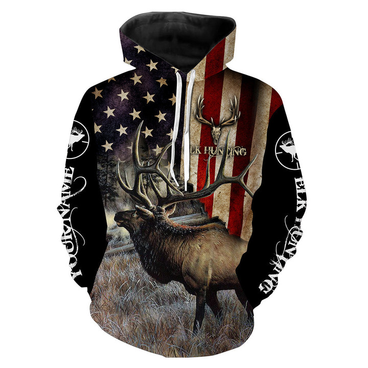 Elk Hunting American Flag Custom Name Full Printing Shirts, Hoodie Personalized Hunting gift