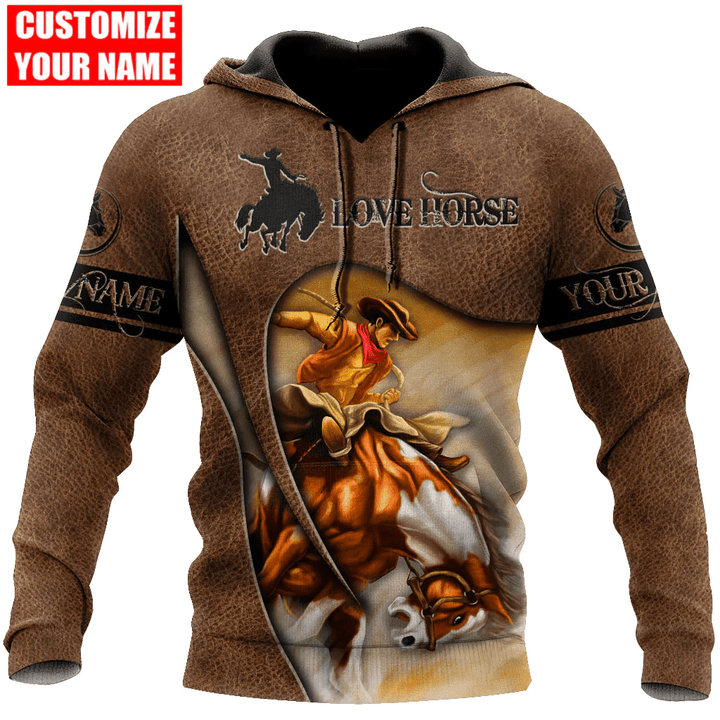 Custom Name Love Horse Hoodie Leather Pattern, 3D All Over Print Horse Racing Hoodie For Him Her