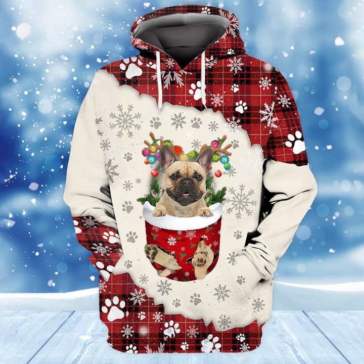 Fawn French Bulldog In Snow Pocket Merry Christmas Unisex Hoodie