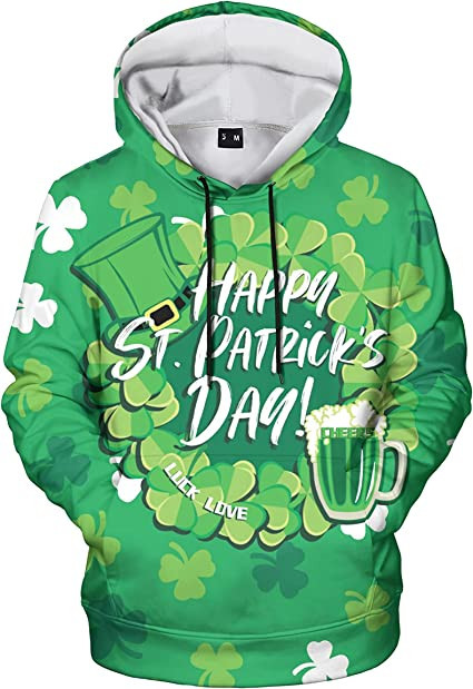Luck Love Happy St Patrick's Day Hoodie 3D Printed Graphics Hoodies Cool Realistic with Designs Pullover Sweatshirts for Men Women