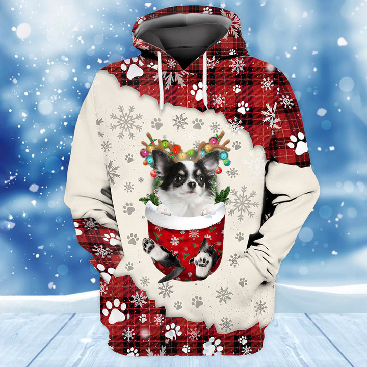 Long haired white Chihuahua In Snow Pocket Merry Christmas Unisex Hoodie