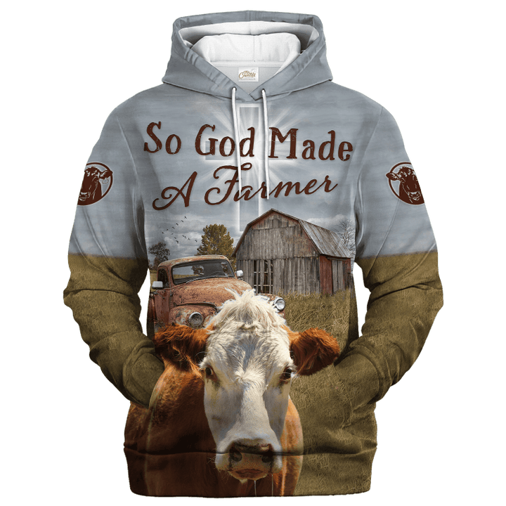 Hereford 3D All Over Print On Hoodie, So God Made A Farmer