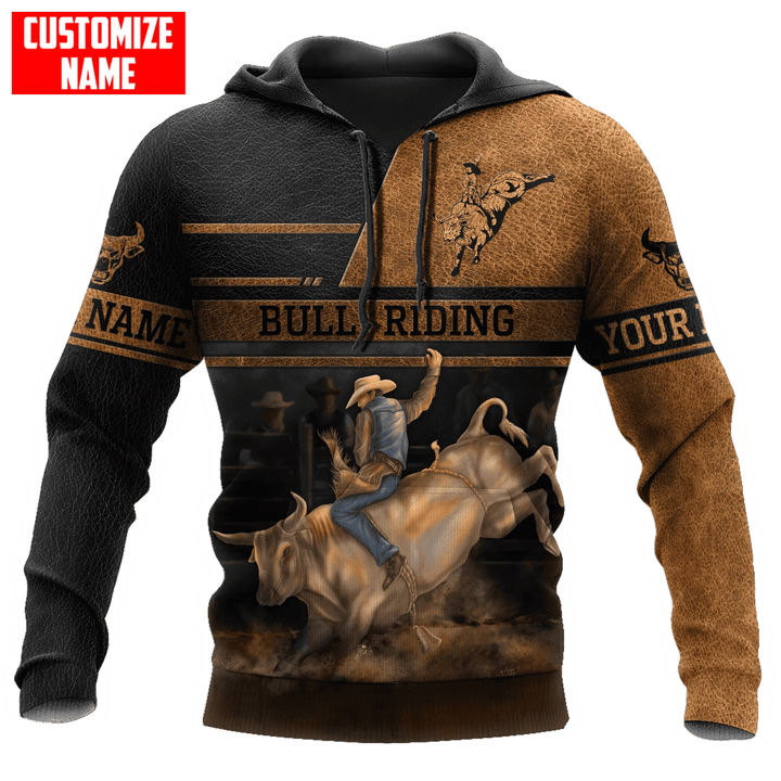 Personalized Bull Riding Brown Line Hoodie, 3D All Over Printed Leather Pattern Cowboy Hoodie
