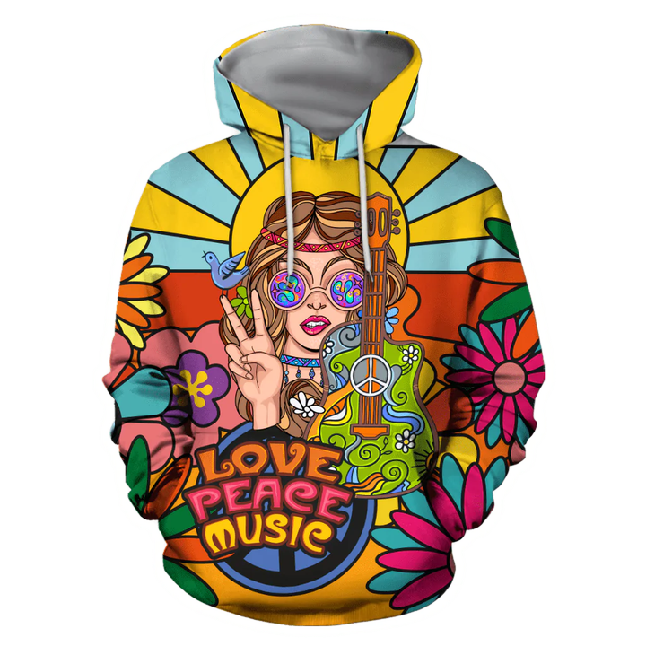 Hippie Hoodie Peace Love Music 3D All Over Printed Guitar Hippie Hoodies Gift