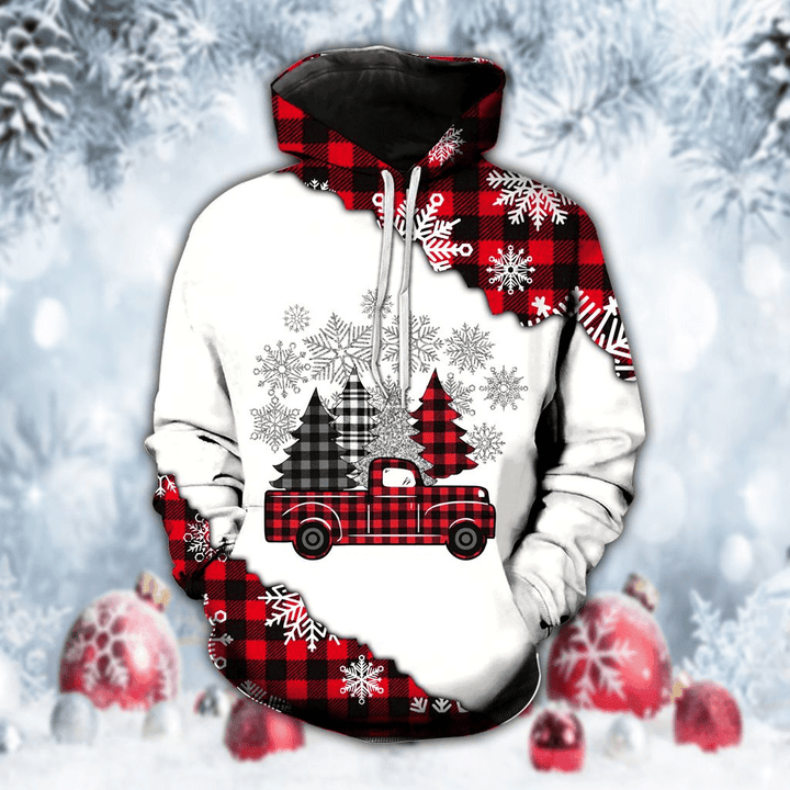 Red Truck Christmas Tree Plaid Hoodie 3D All Over Print