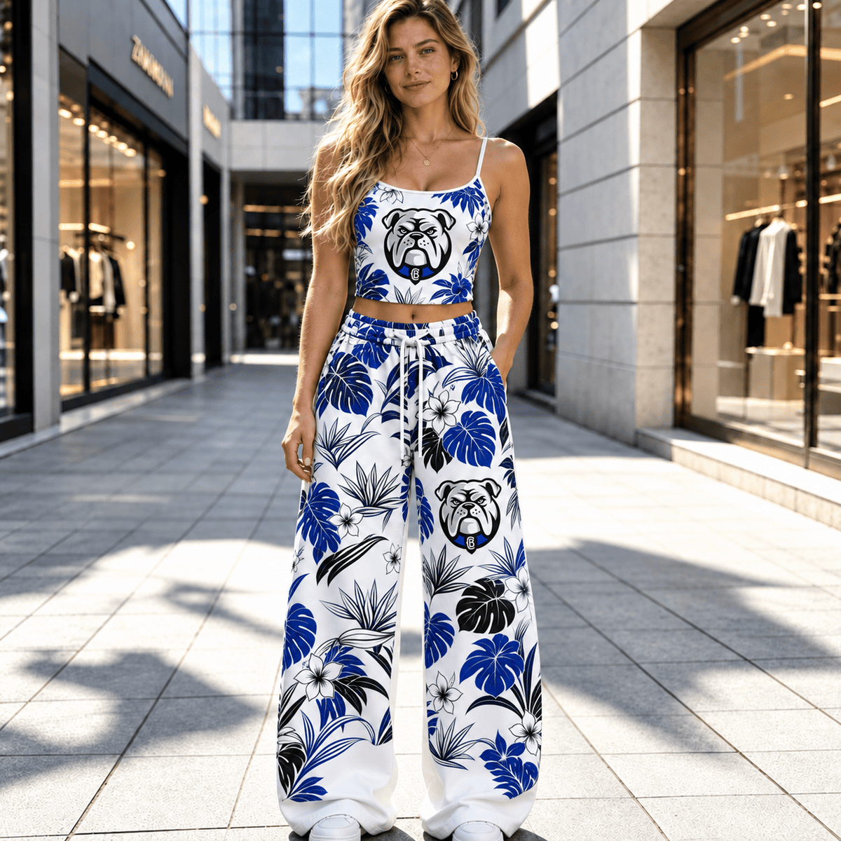 Canterbury-Bankstown Bulldogs NRL Flowers Pattern Full Set Spaghetti Strap Crop Top &  Wide Leg Sweatpants