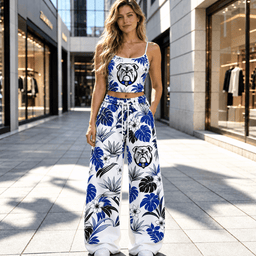 Canterbury-Bankstown Bulldogs NRL Flowers Pattern Full Set Spaghetti Strap Crop Top &  Wide Leg Sweatpants