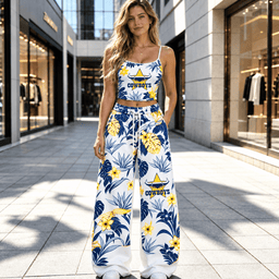 North Queensland Cowboys NRL Flowers Pattern Full Set Spaghetti Strap Crop Top &  Wide Leg Sweatpants