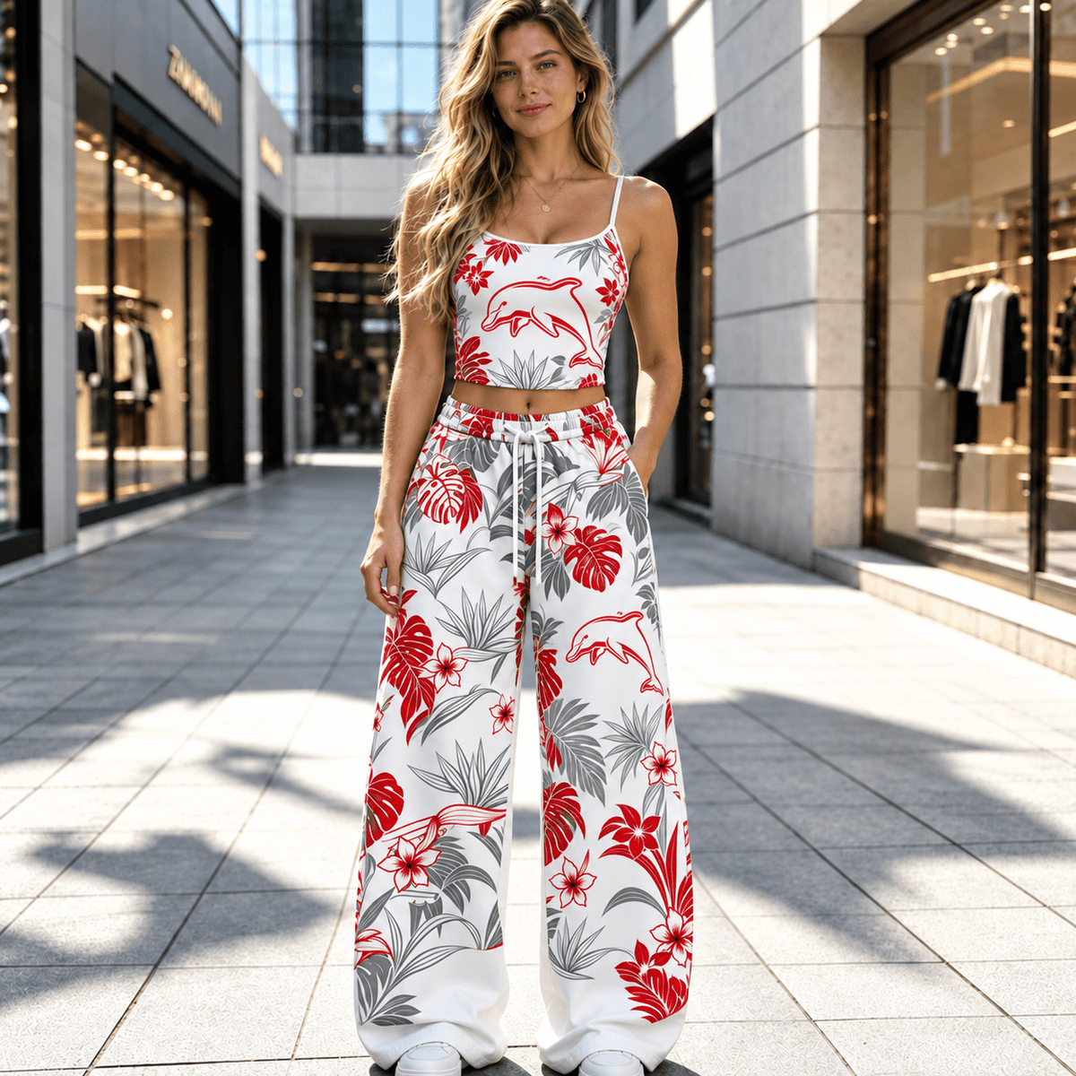 Dolphins NRL Flowers Pattern Full Set Spaghetti Strap Crop Top &  Wide Leg Sweatpants