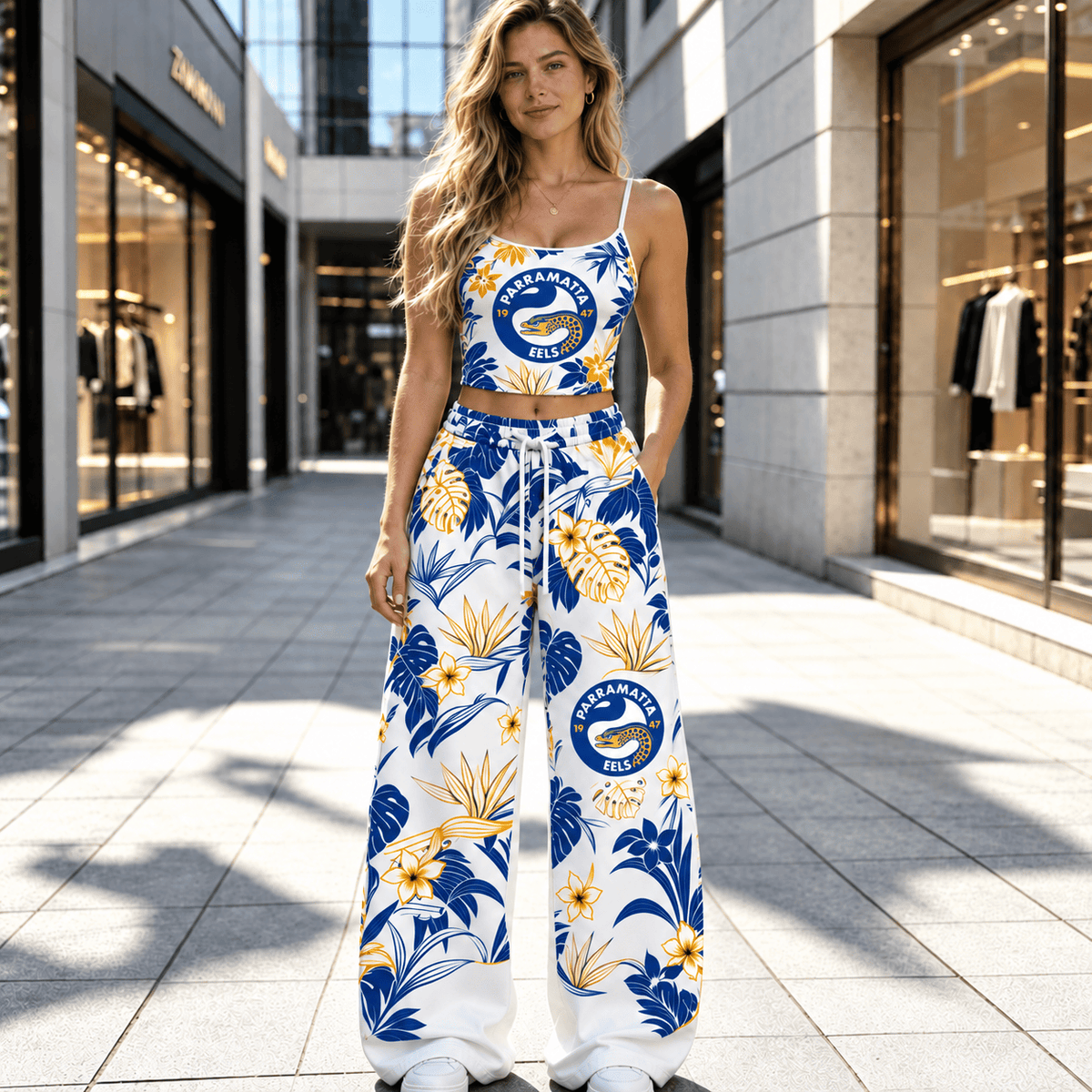 Parramatta Eels NRL Flowers Pattern Full Set Spaghetti Strap Crop Top &  Wide Leg Sweatpants