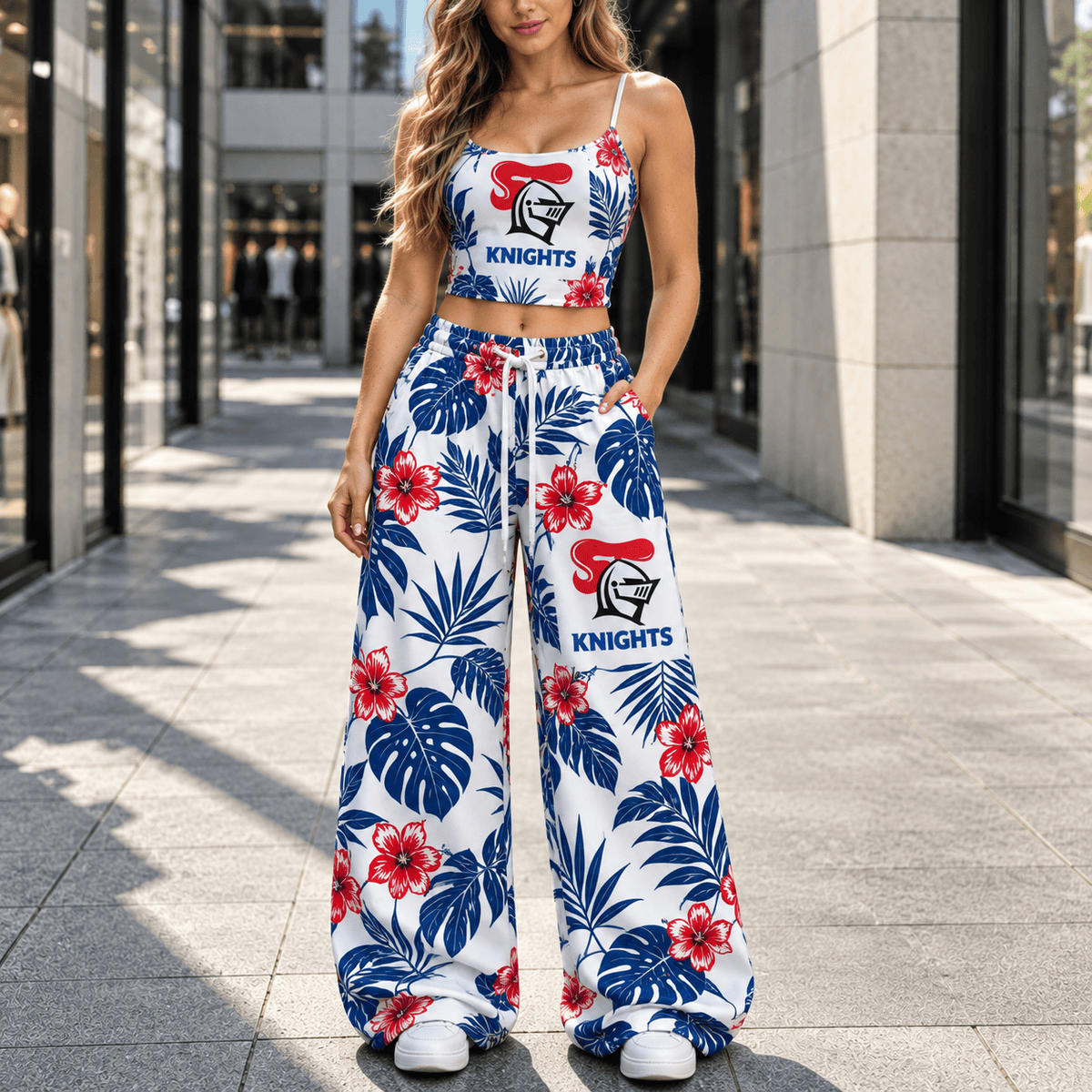 Newcastle Knights NRL Flowers Pattern Full Set Spaghetti Strap Crop Top &  Wide Leg Sweatpants
