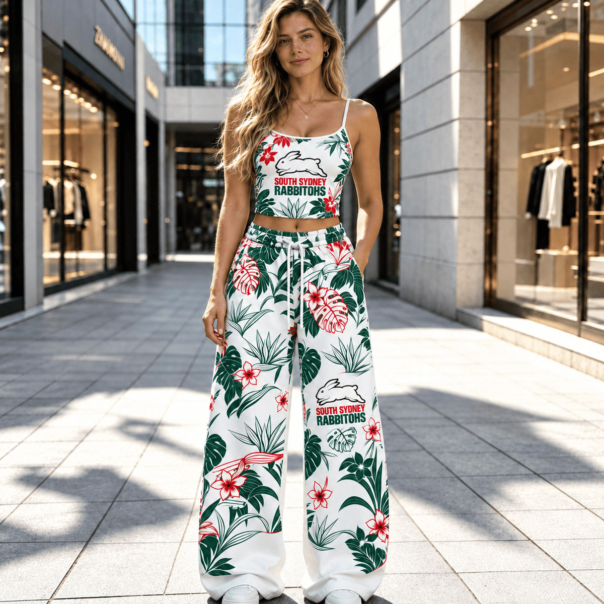 South Sydney Rabbitohs NRL Flowers Pattern Full Set Spaghetti Strap Crop Top &  Wide Leg Sweatpants