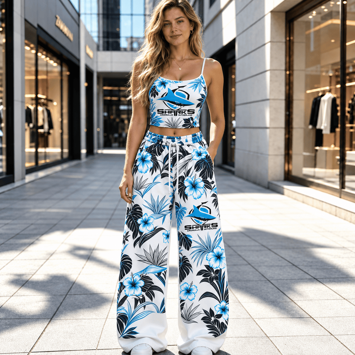 Cronulla-Sutherland Sharks NRL Flowers Pattern Full Set Spaghetti Strap Crop Top &  Wide Leg Sweatpants