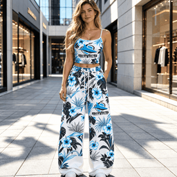 Cronulla-Sutherland Sharks NRL Flowers Pattern Full Set Spaghetti Strap Crop Top &  Wide Leg Sweatpants