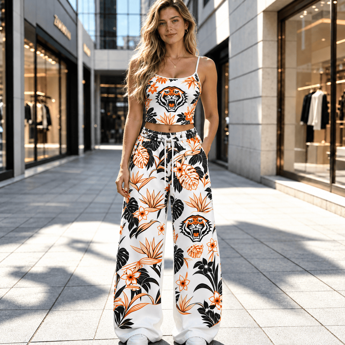 Wests Tigers NRL Flowers Pattern Full Set Spaghetti Strap Crop Top &  Wide Leg Sweatpants