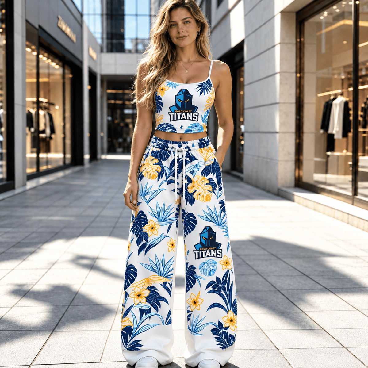 Gold Coast Titans NRL Flowers Pattern Full Set Spaghetti Strap Crop Top &  Wide Leg Sweatpants