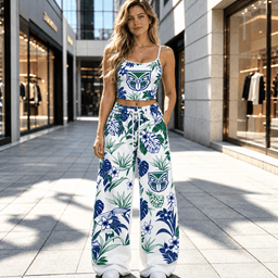 New Zealand Warriors NRL Flowers Pattern Full Set Spaghetti Strap Crop Top &  Wide Leg Sweatpants