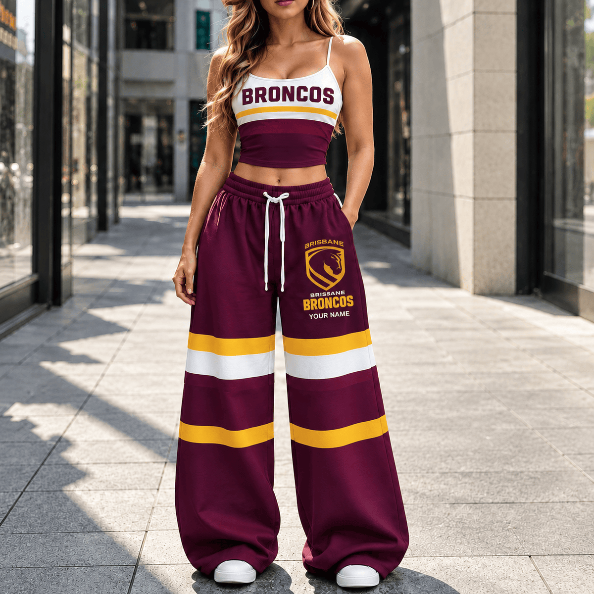 Brisbane Broncos NRL New Full Set Spaghetti Strap Crop Top &  Wide Leg Sweatpants