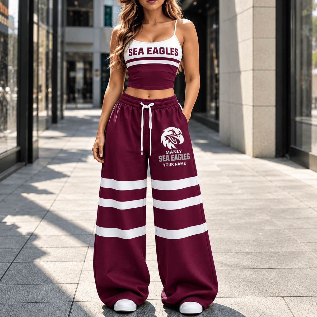 Manly Warringah Sea Eagles NRL New Full Set Spaghetti Strap Crop Top &  Wide Leg Sweatpants