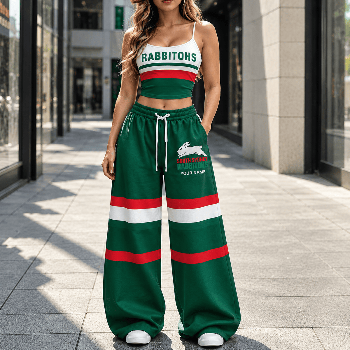 South Sydney Rabbitohs NRL New Full Set Spaghetti Strap Crop Top &  Wide Leg Sweatpants