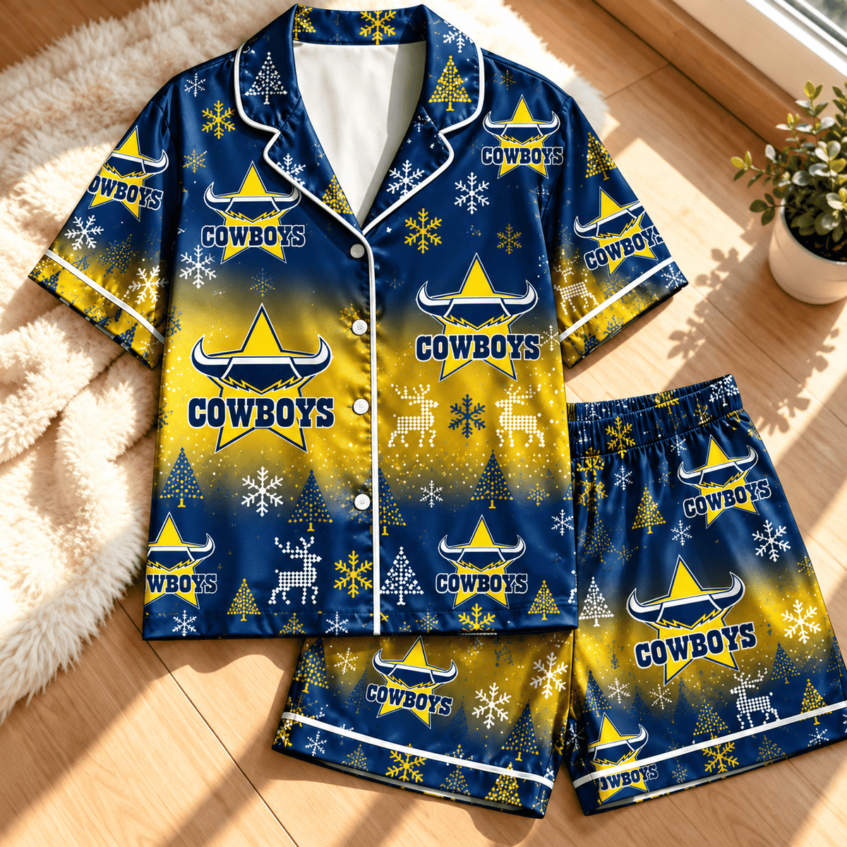 North Queensland Cowboys NRL Christmas Pattern Woman Short Pajamas Set For Fan