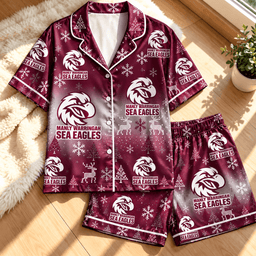 Manly Warringah Sea Eagles NRL Christmas Pattern Woman Short Pajamas Set For Fan