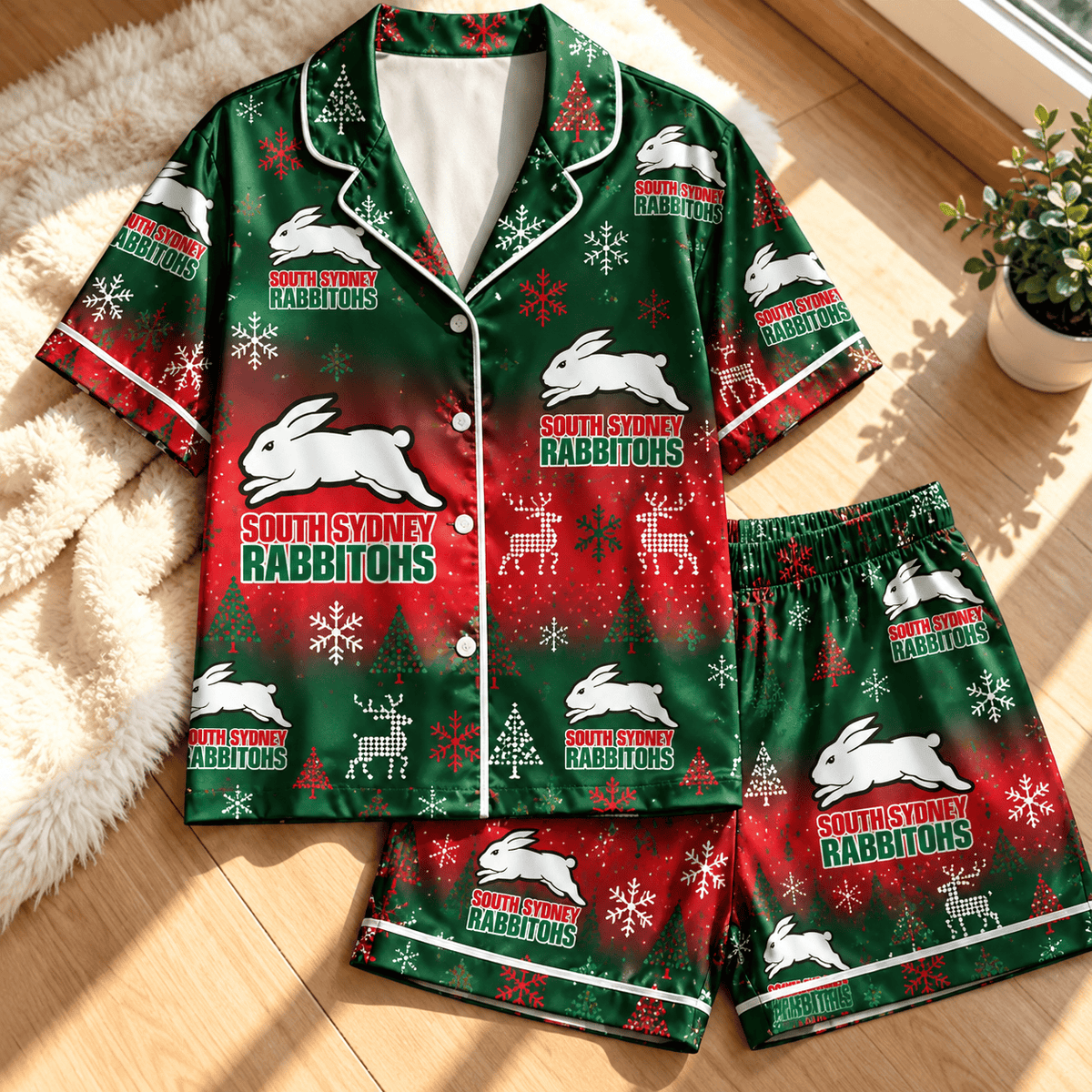 South Sydney Rabbitohs NRL Christmas Pattern Woman Short Pajamas Set For Fan