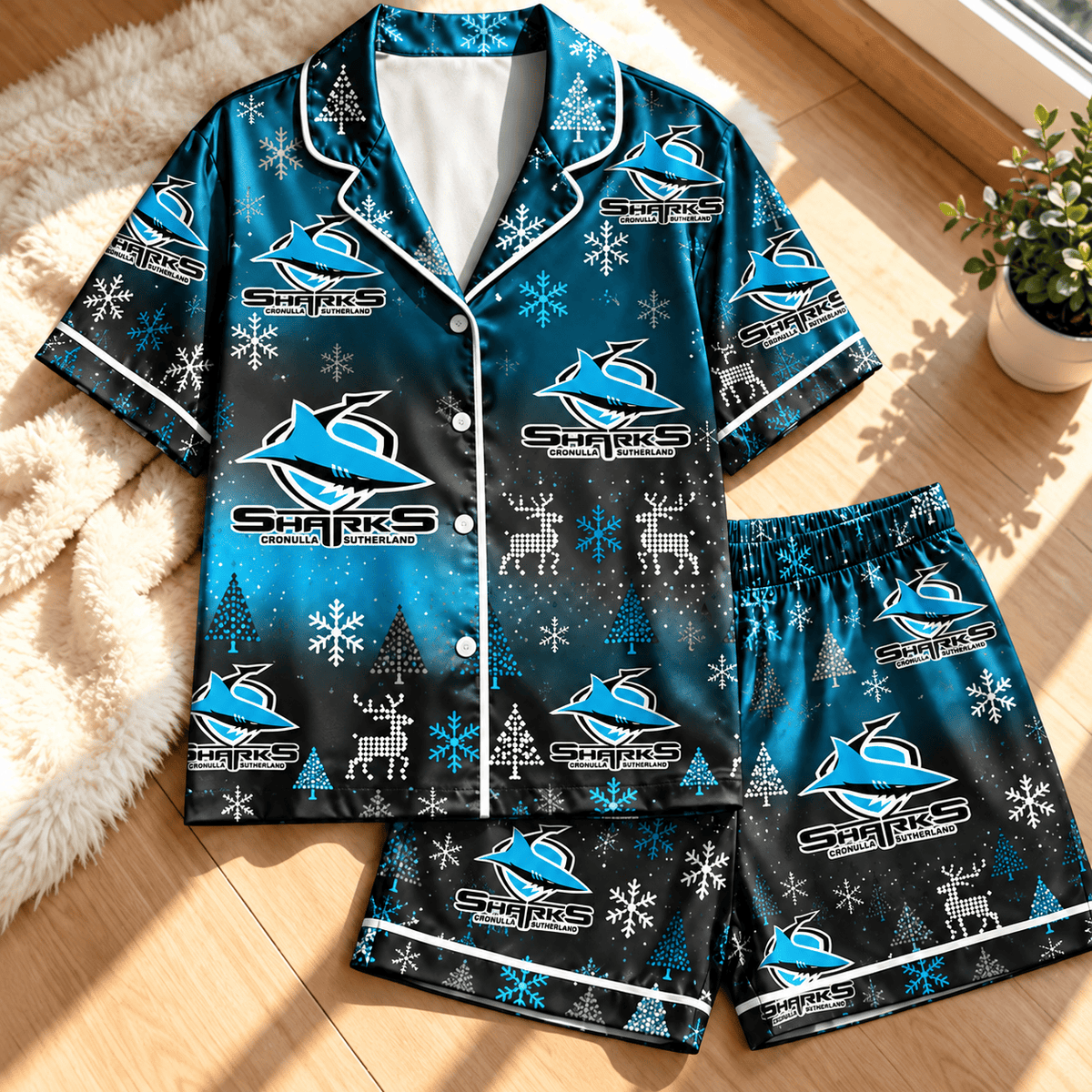 Cronulla-Sutherland Sharks NRL Christmas Pattern Woman Short Pajamas Set For Fan