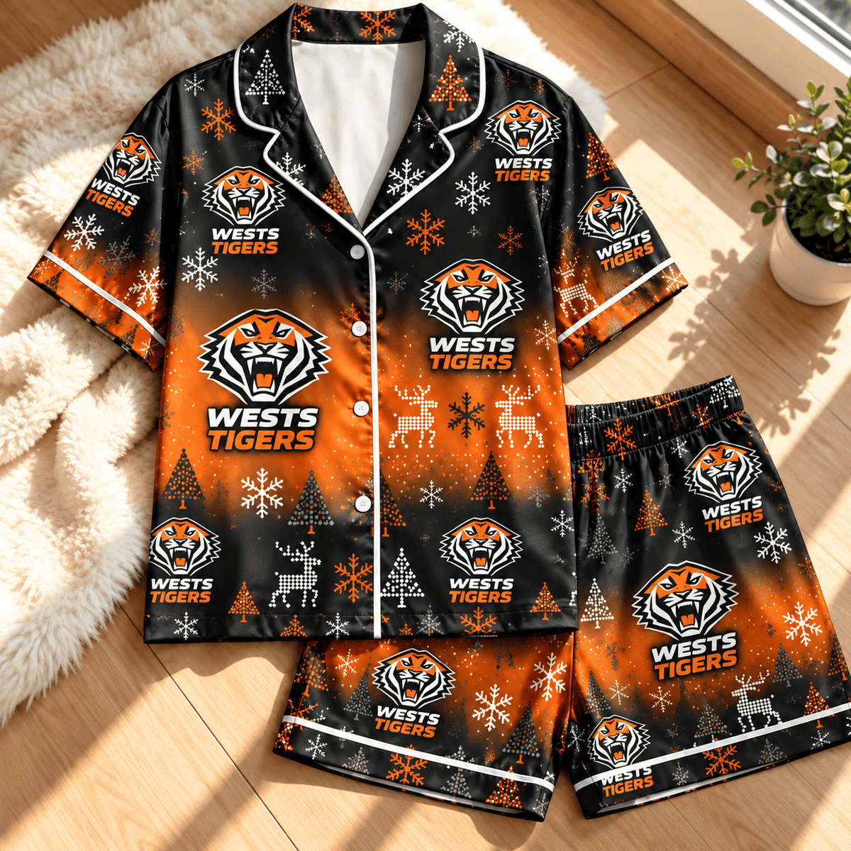 Wests Tigers NRL Christmas Pattern Woman Short Pajamas Set For Fan