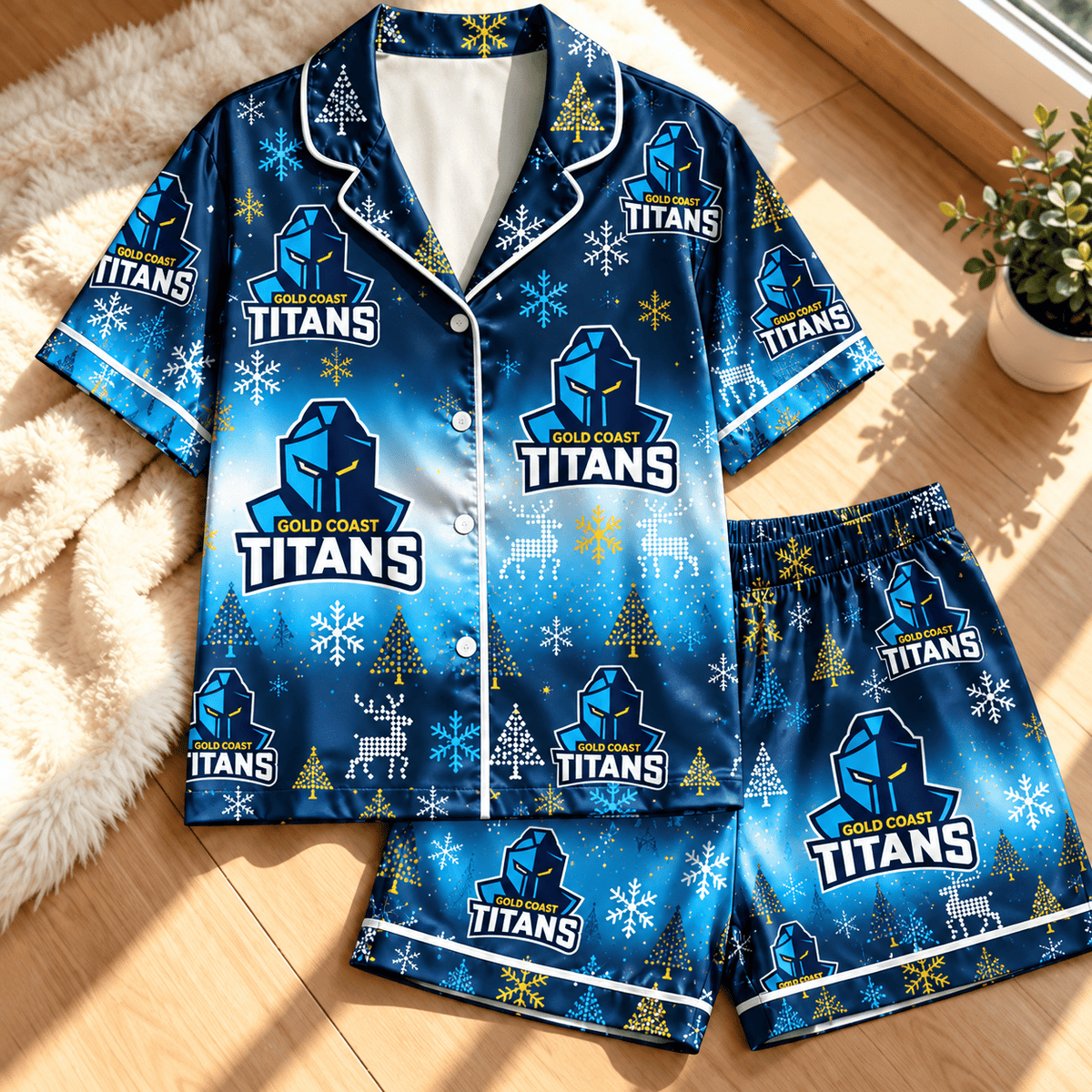 Gold Coast Titans NRL Christmas Pattern Woman Short Pajamas Set For Fan