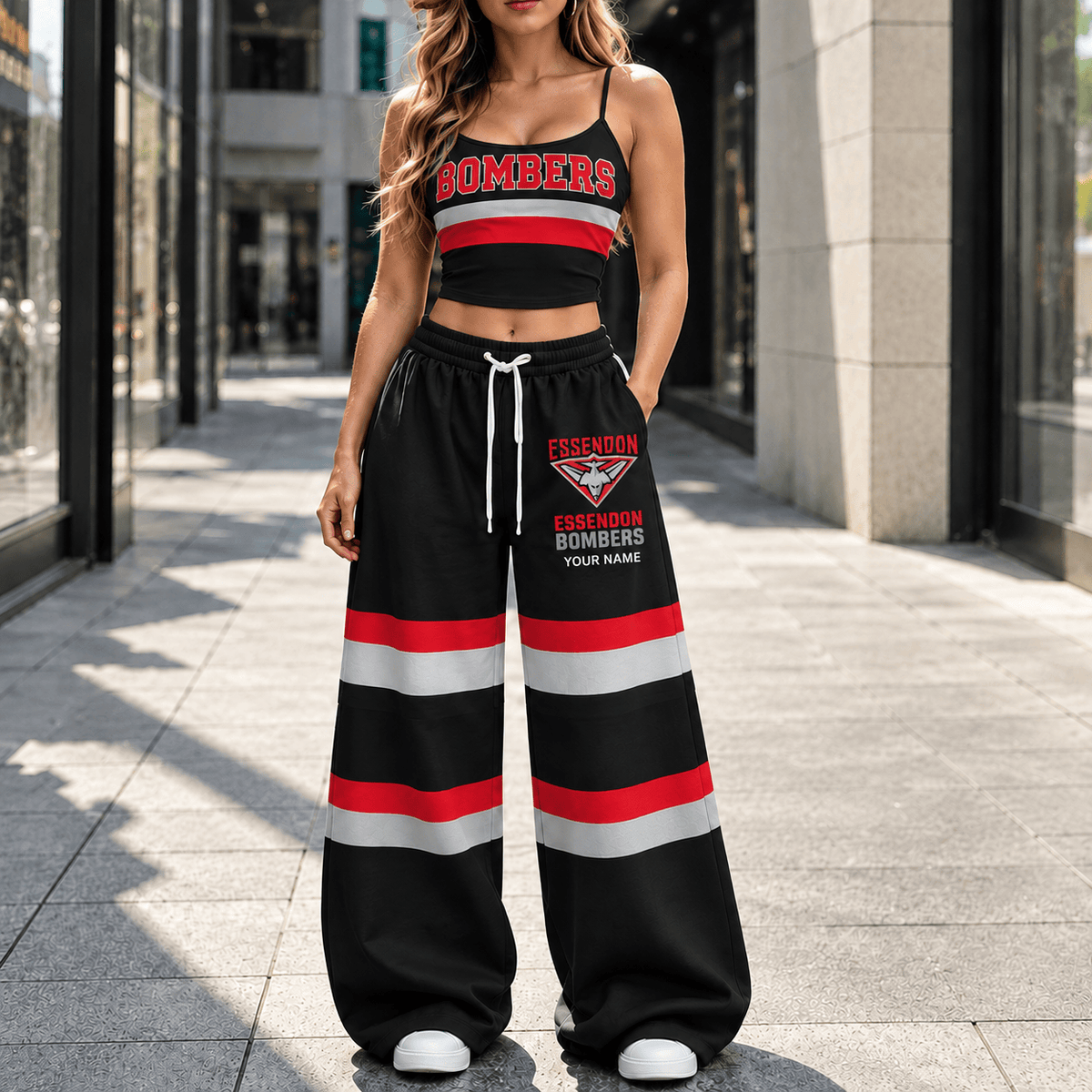 Essendon Bombers AFL Full Set Spaghetti Strap Crop Top Wide Leg Sweatpants Custom Any name
