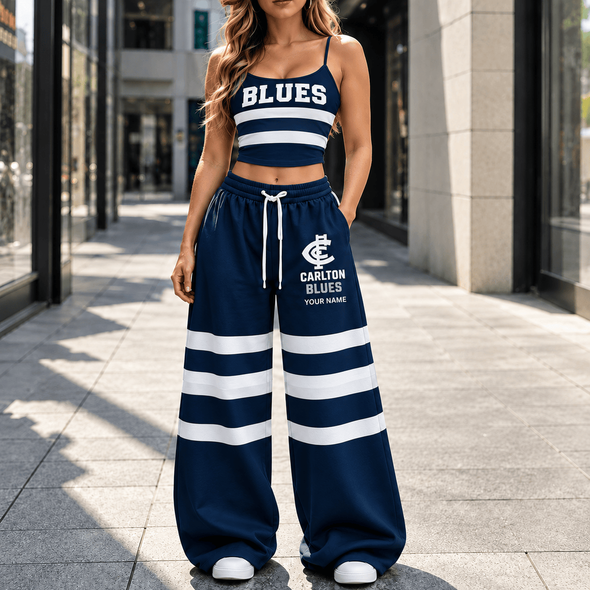 Carlton Blues AFL Full Set Spaghetti Strap Crop Top Wide Leg Sweatpants Custom Any name