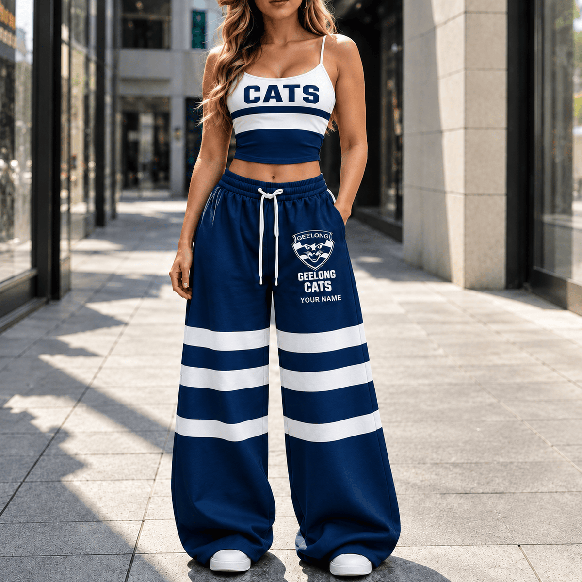 Geelong Cats AFL Full Set Spaghetti Strap Crop Top Wide Leg Sweatpants Custom Any name