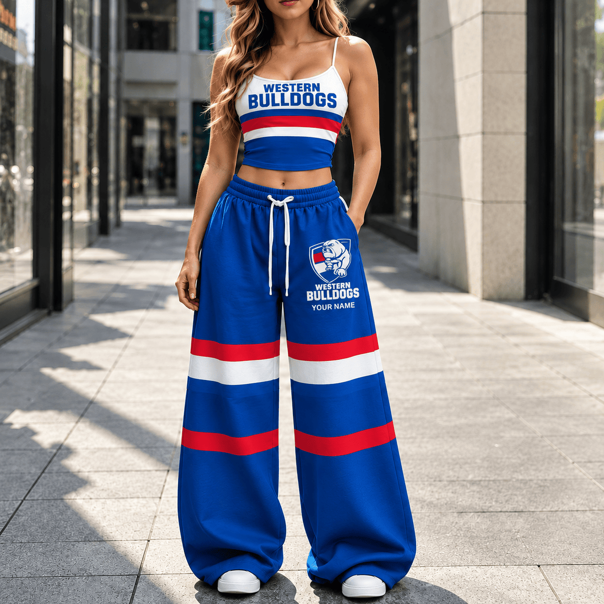 Western Bulldogs AFL Full Set Spaghetti Strap Crop Top Wide Leg Sweatpants Custom Any name
