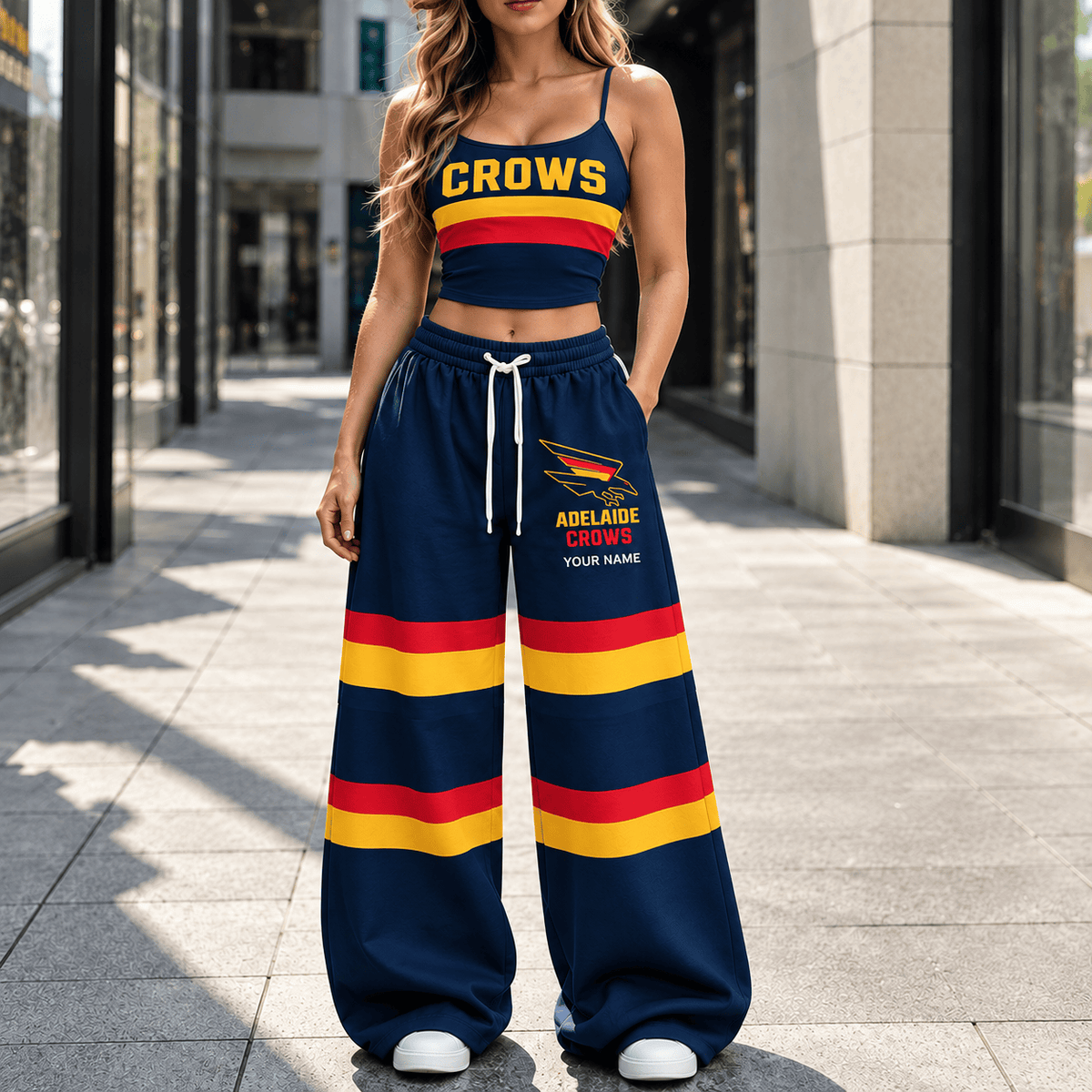 Adelaide Crows AFL Full Set Spaghetti Strap Crop Top Wide Leg Sweatpants Custom Any name