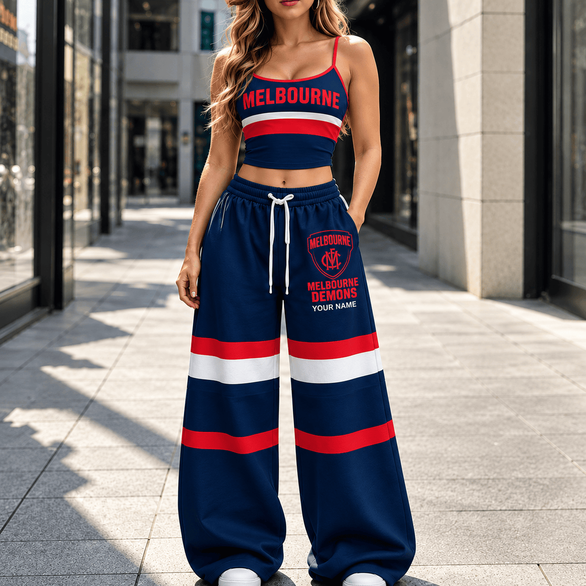 Melbourne Demons AFL Full Set Spaghetti Strap Crop Top Wide Leg Sweatpants Custom Any name